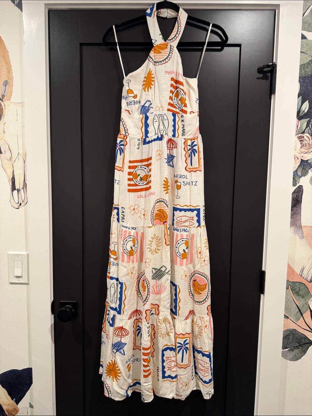 Petal & Pup Cream Halter Maxi Dress with Orange & Blue Print